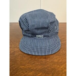 VTG Key Hat Cap Fitted Mens One‎ Size Blue Stripe Denim Army Workwear Railroad